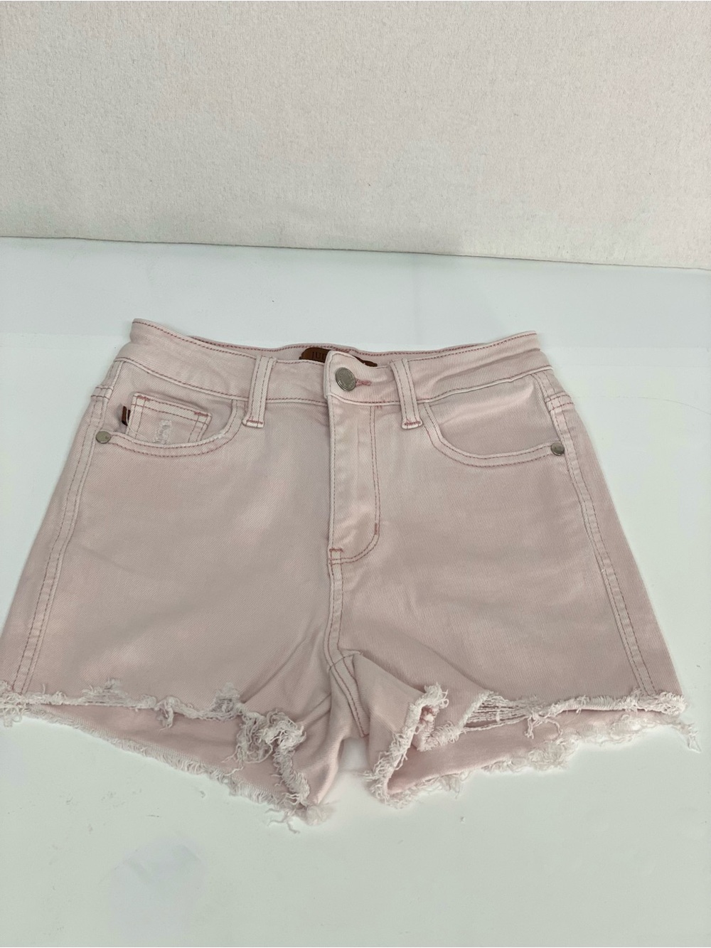 Judy Blue XS Frayed Hem Distressed Denim Shorts Garment Dyed Light Pink Casual